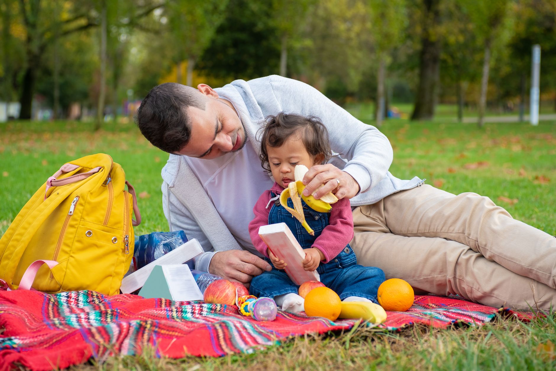 Un homme et un jeune enfant assis sur une couverture de pique-nique dans un parc, avec fruits, jouets et un sac à dos jaune.